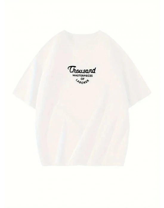 Kadın Thousand  Baskılı Oversize Bisiklet Yaka T-shirt - Beyaz