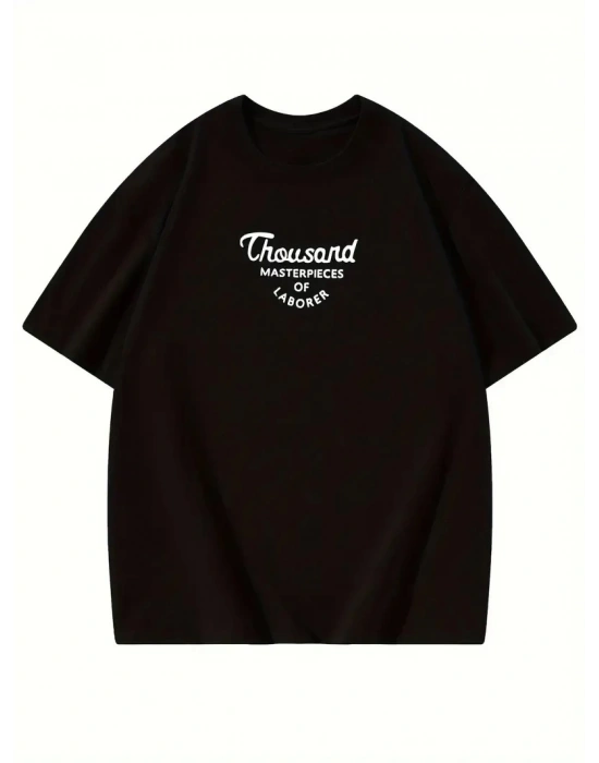 Kadın Thousand Baskılı Oversize Bisiklet Yaka T-shirt - Siyah