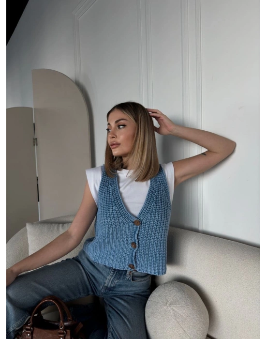 Triko Kolsuz Düğmeli Yelek - Mavi