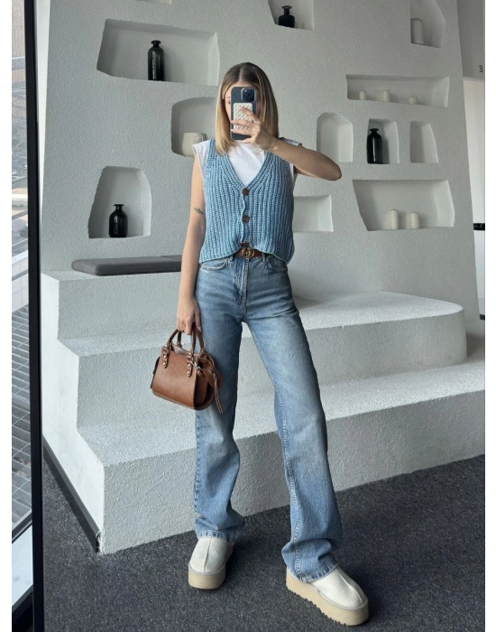 Triko Kolsuz Düğmeli Yelek - Mavi