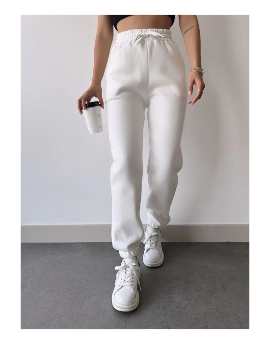 Üç İplik Basic Lastikli Eşofman Pantolon - Beyaz