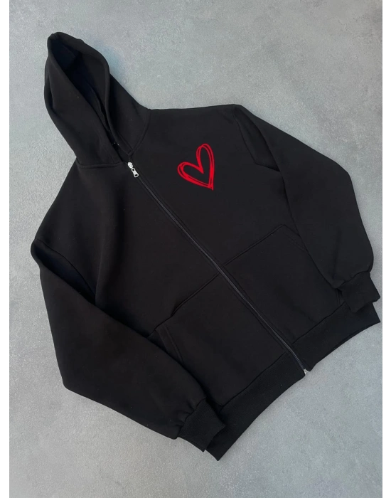 Kadın Üç İplik Baskılı Fermuarlı Kapüşonlu Hırka - Siyah