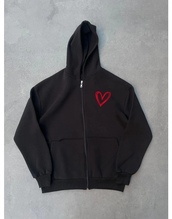 Kadın Üç İplik Baskılı Fermuarlı Kapüşonlu Hırka - Siyah