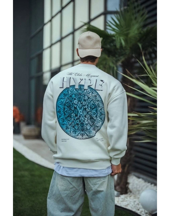 Üç İplik Bisiklet Yaka Baskılı SweatShirt - Beyaz