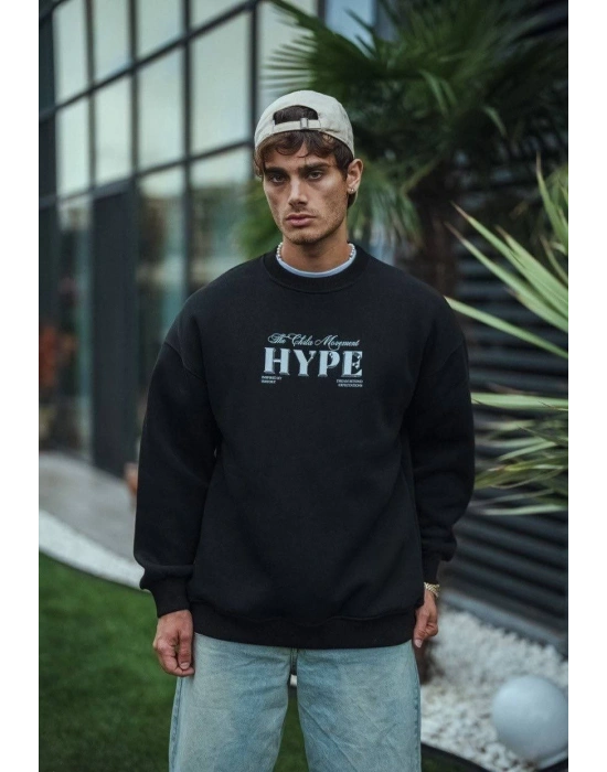 Üç İplik Bisiklet Yaka Baskılı SweatShirt - Siyah