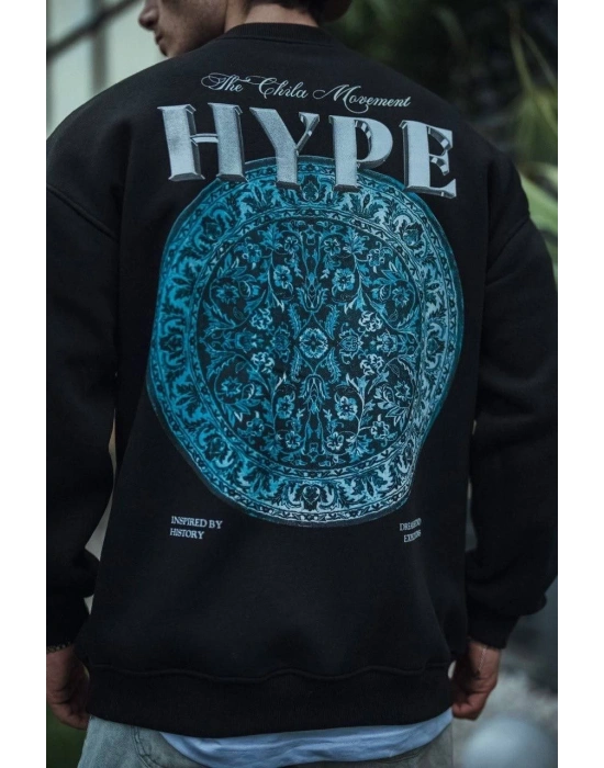 Üç İplik Bisiklet Yaka Baskılı SweatShirt - Siyah