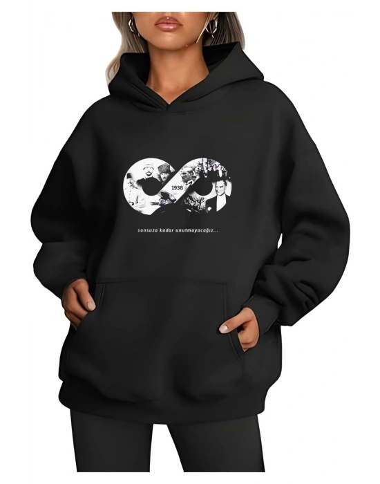 Üç İplik kapüşonlu 10 Kasıma Özel SweatShirt - Siyah