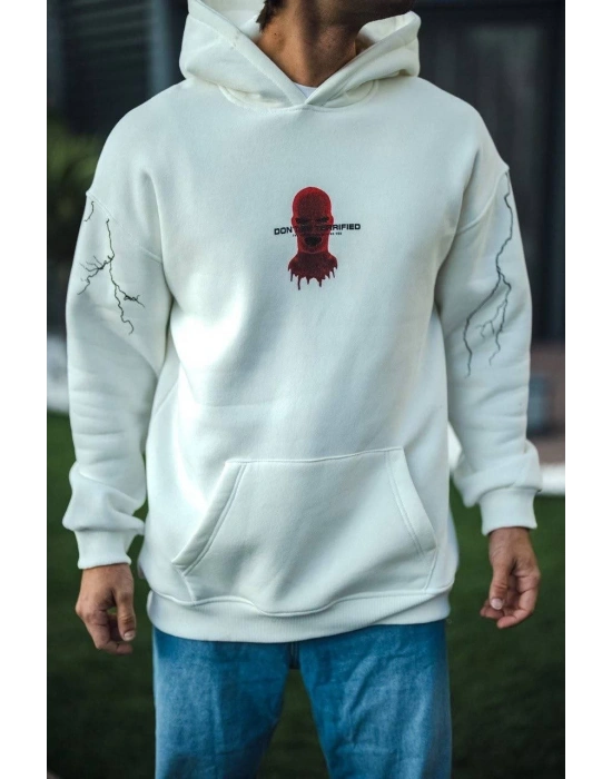 Üç İplik Kapüşonlu Baskılı Oversize SweatShirt- Beyaz