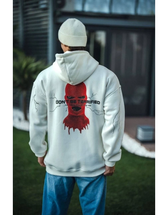 Üç İplik Kapüşonlu Baskılı Oversize SweatShirt- Beyaz