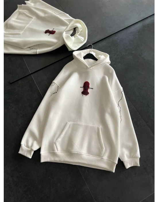Üç İplik Kapüşonlu Baskılı Oversize SweatShirt- Beyaz