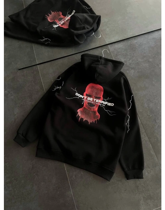 Üç İplik Kapüşonlu Baskılı Oversize SweatShirt- Siyah