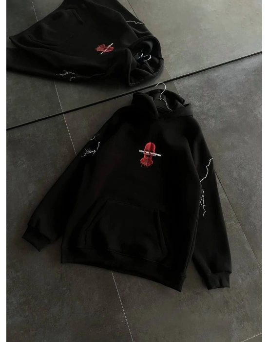 Üç İplik Kapüşonlu Baskılı Oversize SweatShirt- Siyah