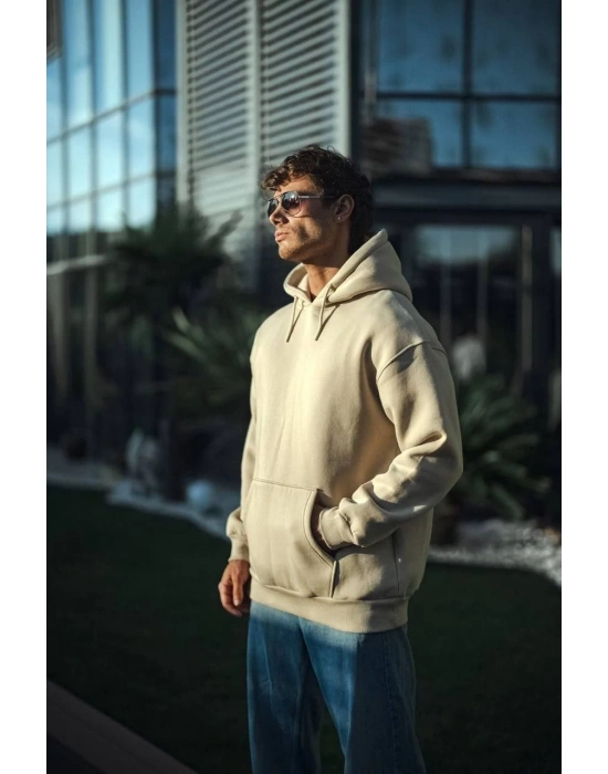 Üç İplik Penye Kapşonlu Basic SweatShirt - Bej