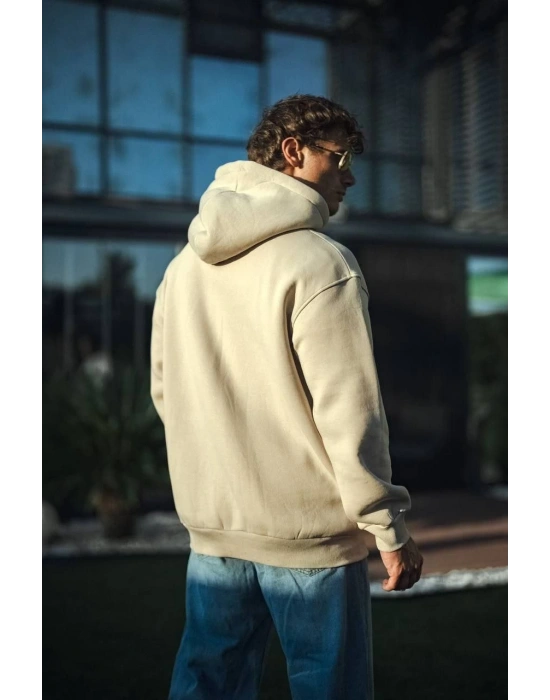 Üç İplik Penye Kapşonlu Basic SweatShirt - Bej