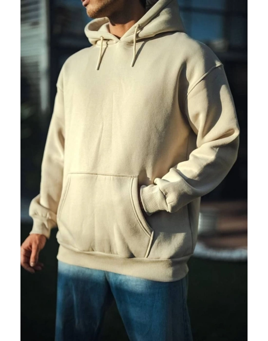 Üç İplik Penye Kapşonlu Basic SweatShirt - Bej