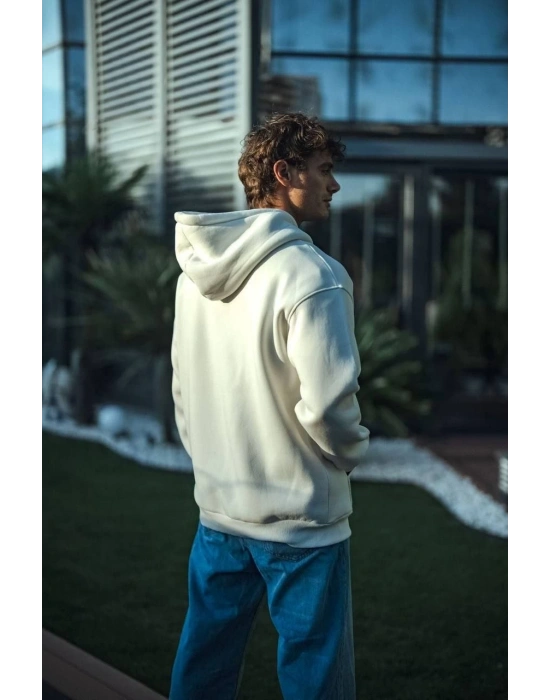 Üç İplik Penye Kapşonlu Basic SweatShirt - Beyaz
