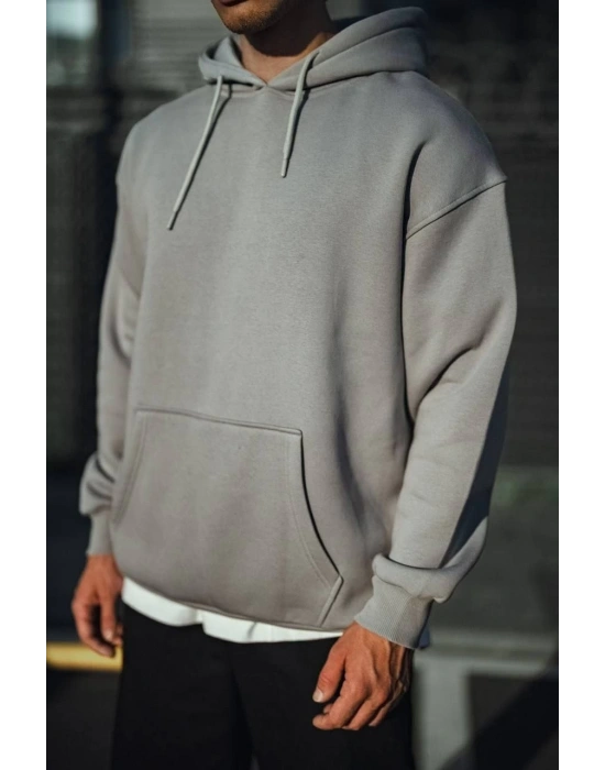 Üç İplik Penye Kapşonlu Basic SweatShirt - Boyalı Gri