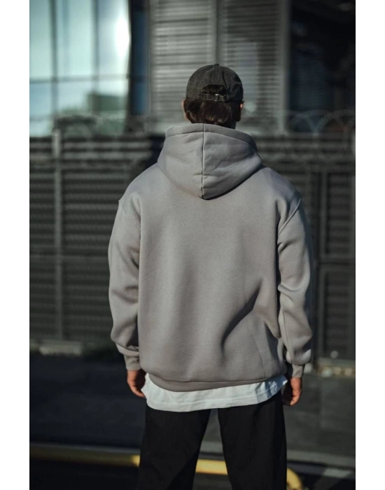 Üç İplik Penye Kapşonlu Basic SweatShirt - Boyalı Gri