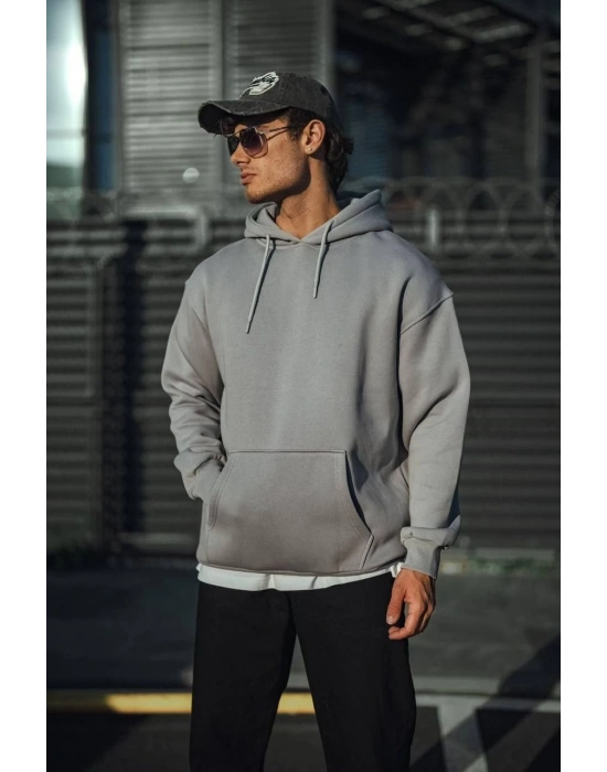 Üç İplik Penye Kapşonlu Basic SweatShirt - Boyalı Gri