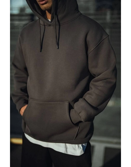 Üç İplik Penye Kapşonlu Basic SweatShirt - Füme