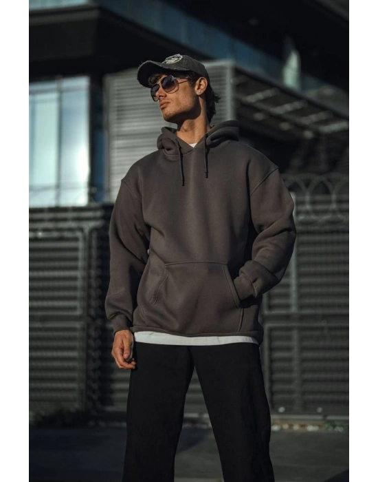 Üç İplik Penye Kapşonlu Basic SweatShirt - Füme