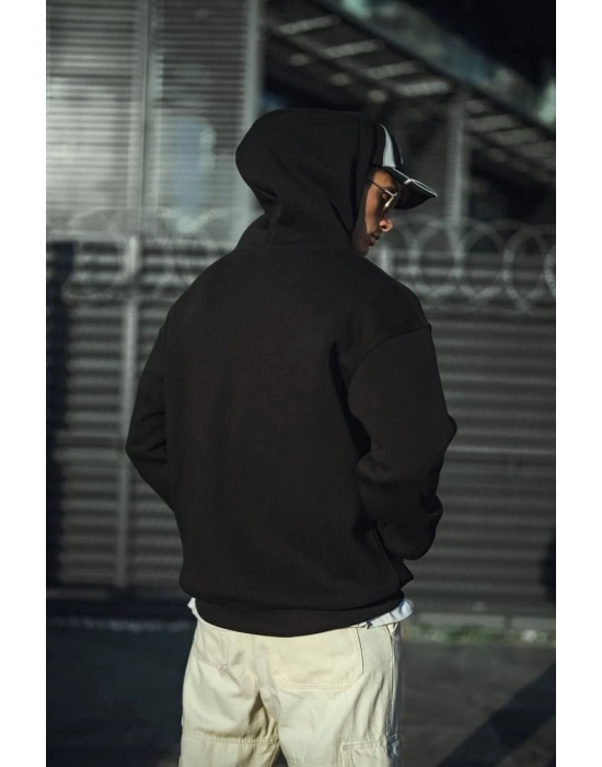 Üç İplik Penye Kapşonlu Basic SweatShirt - Siyah