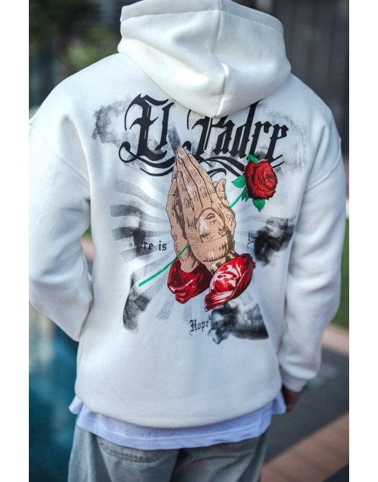 Üç İplik Penye Kapşonlu Baskılı SweatShirt - Beyaz