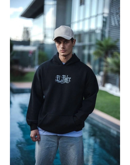 Üç İplik Penye Kapşonlu Baskılı SweatShirt - Siyah