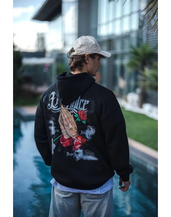 Üç İplik Penye Kapşonlu Baskılı SweatShirt - Siyah