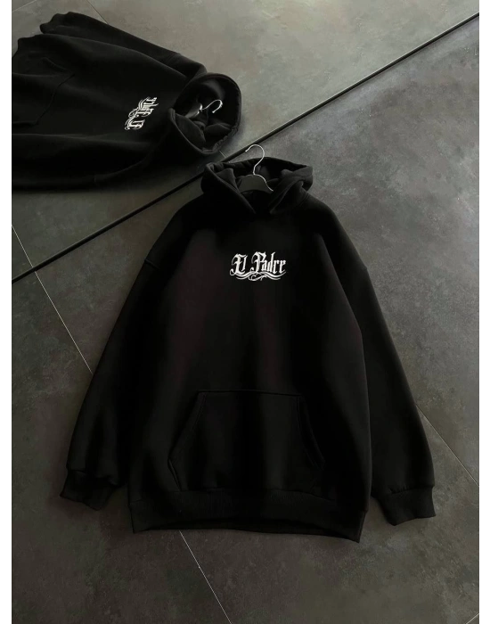 Üç İplik Penye Uzun Kol Kapşonlu Baskılı SweatShirt - Siyah
