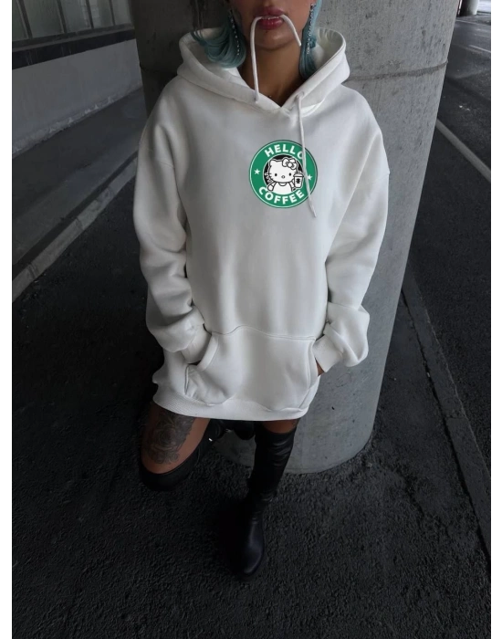 Üç İplik Penye Uzun Kol Kapüşonlu SweatShirt - Beyaz