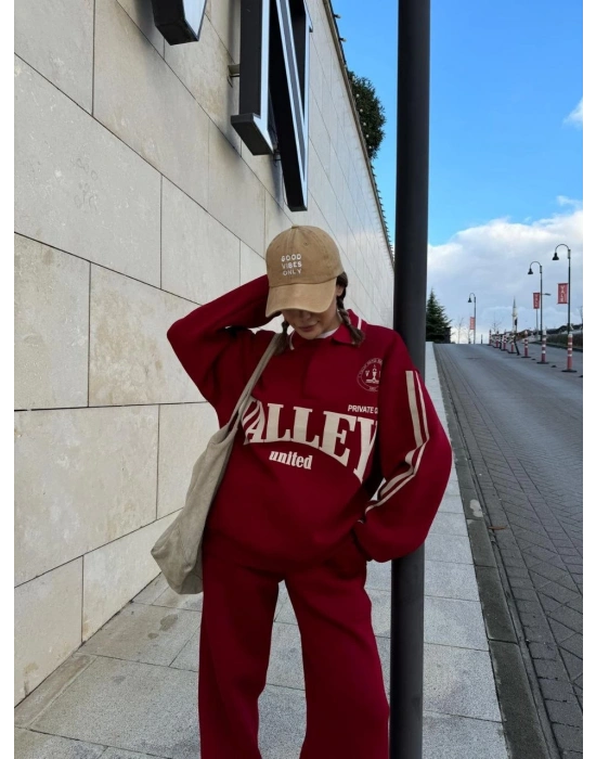 Üç İplik Yakalı Sweat Baggy Pantalonlu Takım - Bordo