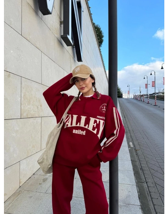 Üç İplik Yakalı Sweat Baggy Pantalonlu Takım - Bordo