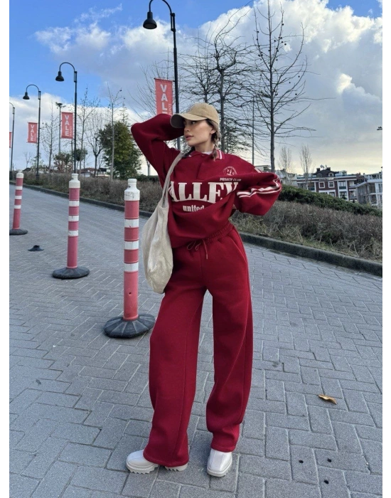 Üç İplik Yakalı Sweat Baggy Pantalonlu Takım - Bordo