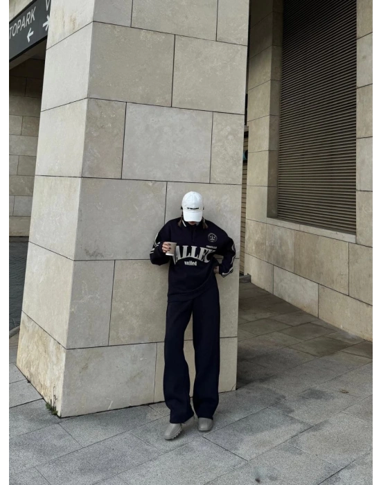 Üç İplik Yakalı Sweat Baggy Pantalonlu Takım - Siyah