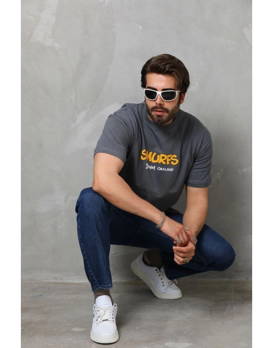 Erkek  Basic Bisiklet Yaka  T-Shirt - Füme