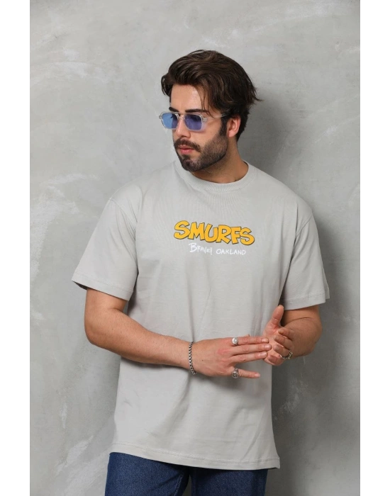 Erkek  Basic Bisiklet Yaka Oversize T-Shirt - Gri