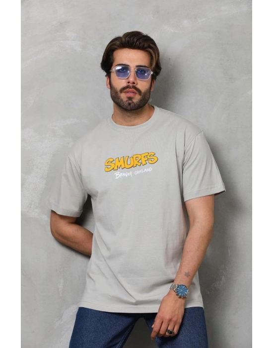 Erkek  Basic Bisiklet Yaka Oversize T-Shirt - Gri