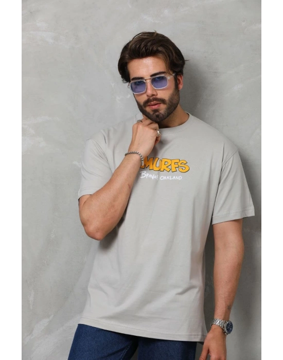 Erkek  Basic Bisiklet Yaka Oversize T-Shirt - Gri