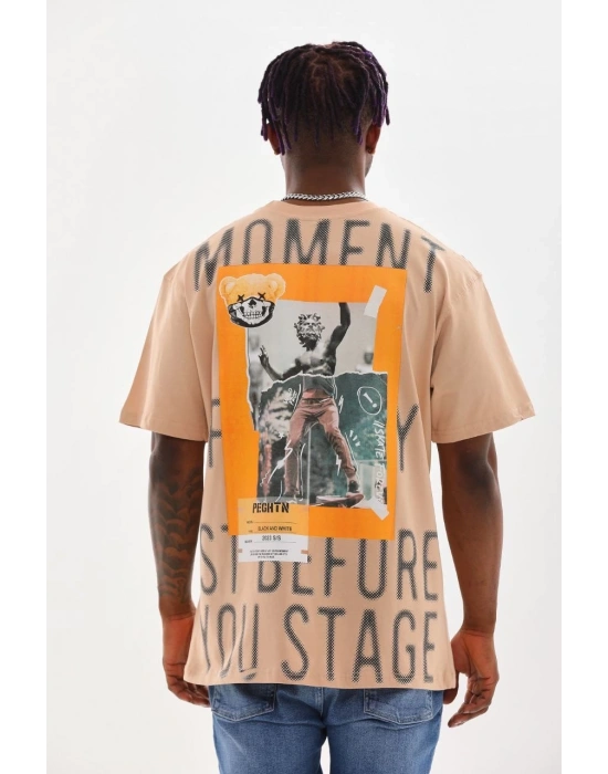 ERKEK Baskılı Oversize T-Shirt - Bej