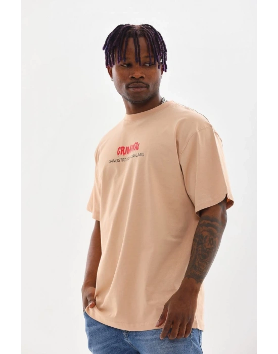 ERKEK Baskılı Oversize T-Shirt - Bej