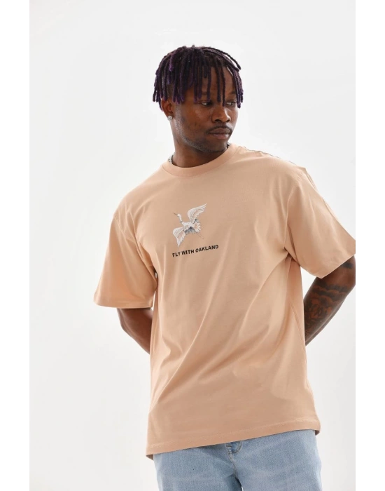 ERKEK Baskılı Oversize T-Shirt - Bej