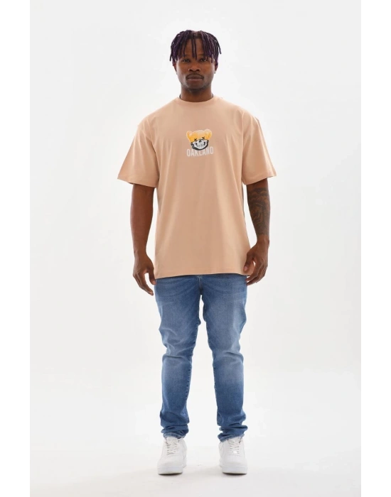 ERKEK Baskılı Oversize T-Shirt - Bej