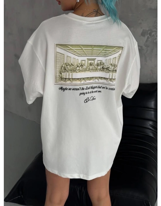 Kadın Baskılı Oversize T-Shirt - Beyaz