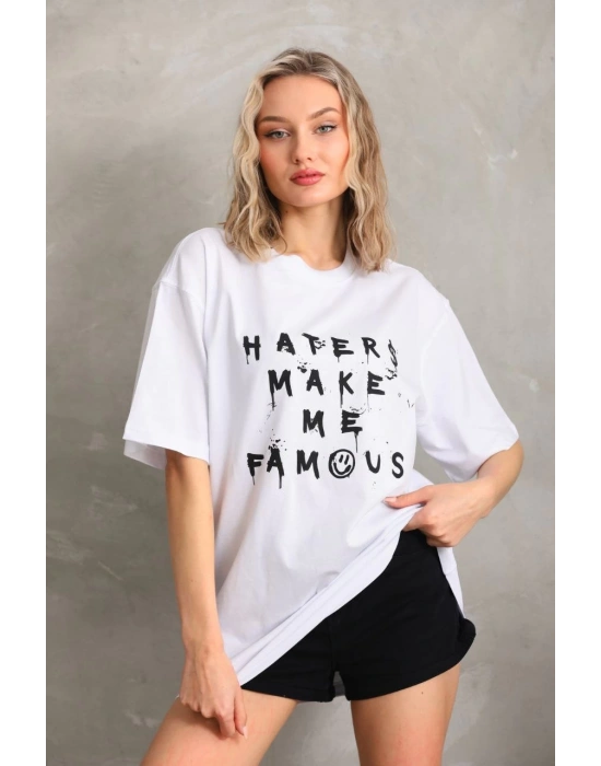 Kadın ön ve arka  Baskılı Oversize T-Shirt - Beyaz