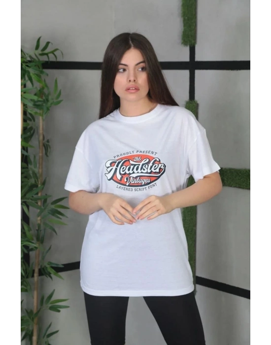 Kadın Baskılı Oversize T-Shirt - Beyaz