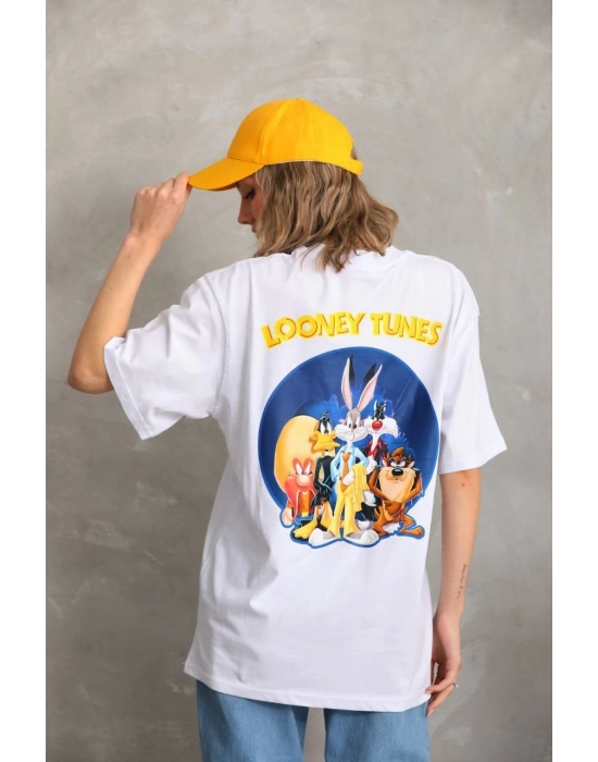 Kadın Baskılı Oversize T-Shirt - Beyaz