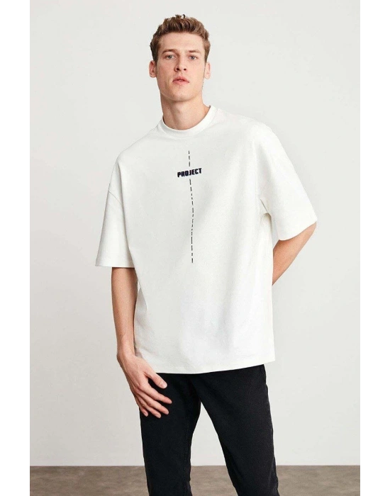 ERKEK Baskılı Oversize T-Shirt - Beyaz