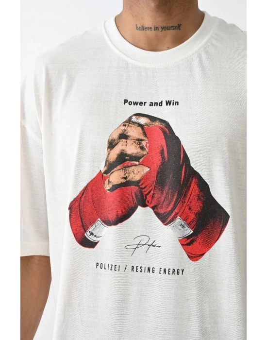 erkek Baskılı Oversize T-Shirt - Beyaz
