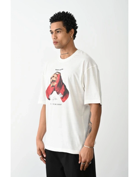 erkek Baskılı Oversize T-Shirt - Beyaz